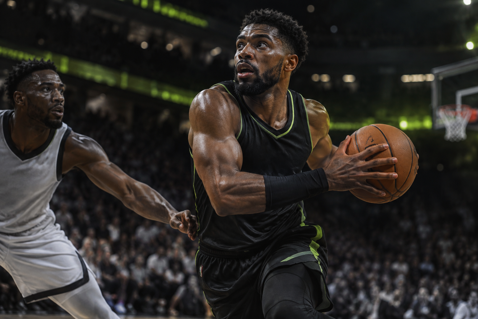 Basketball player driving toward the hoop