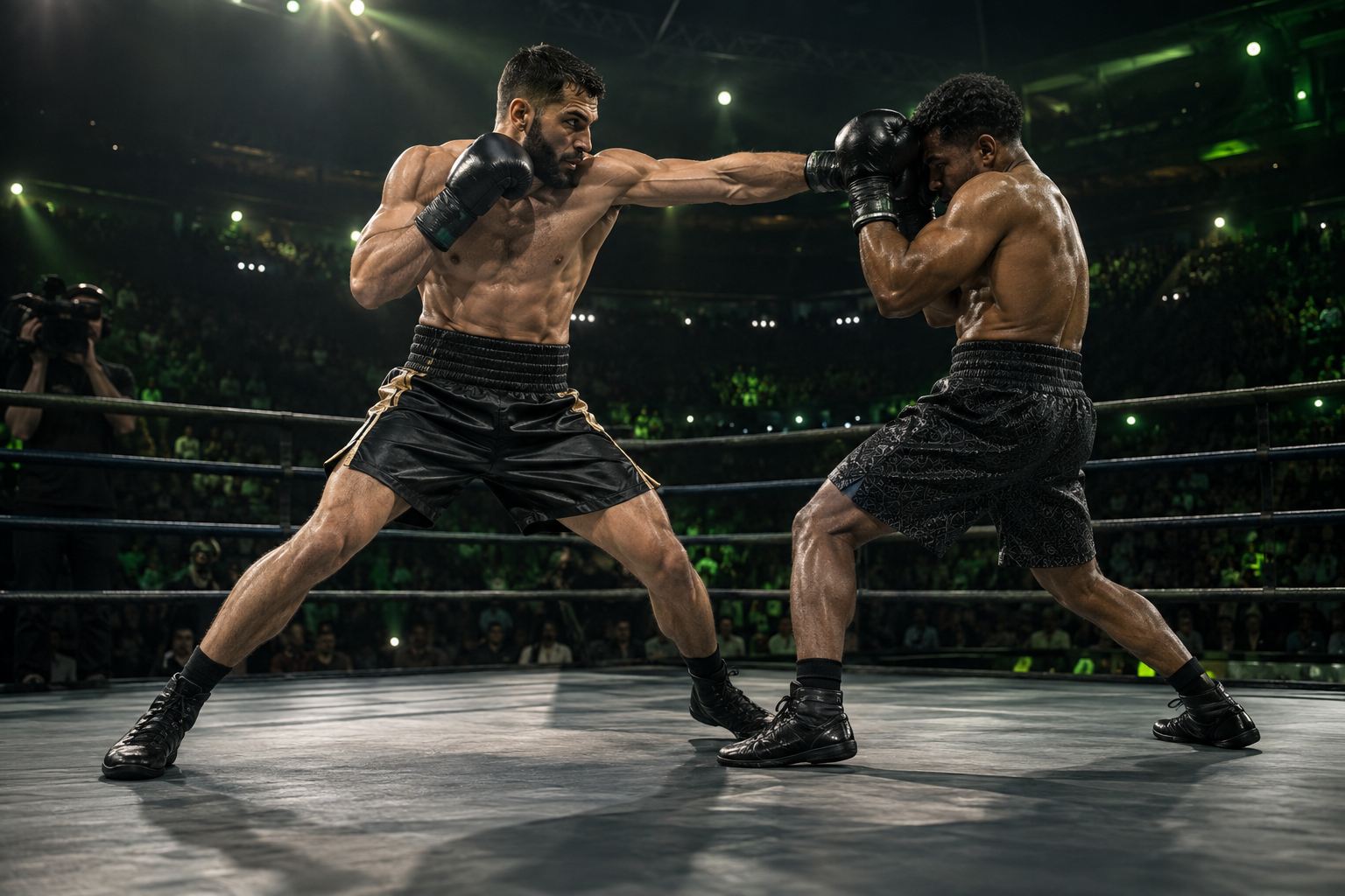 Combat athletes competing under arena lights