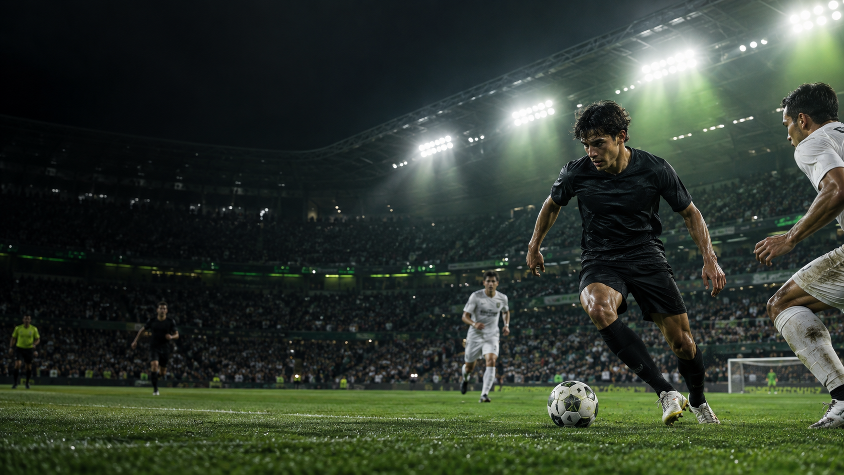 Soccer player competing under stadium lights